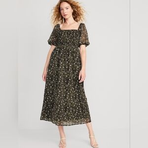 Old Navy Smocked Floral Fit & Flare Dark Green Midi Dress Size XL